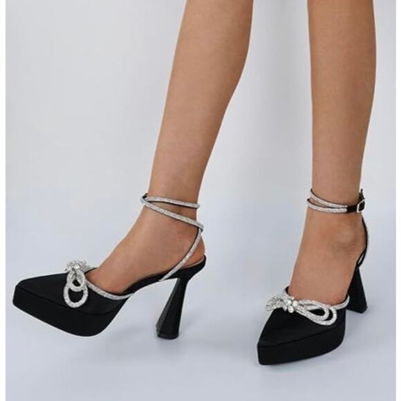 New Platform high heel almond toe ankle wrap around rhinestone bow satin 5.5 - Picture 16 of 16